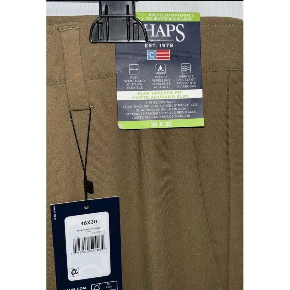 NWT Chaps 36x30‎ Everyday Performance Chino Pants Slim Tapered Tan Golf Trousers